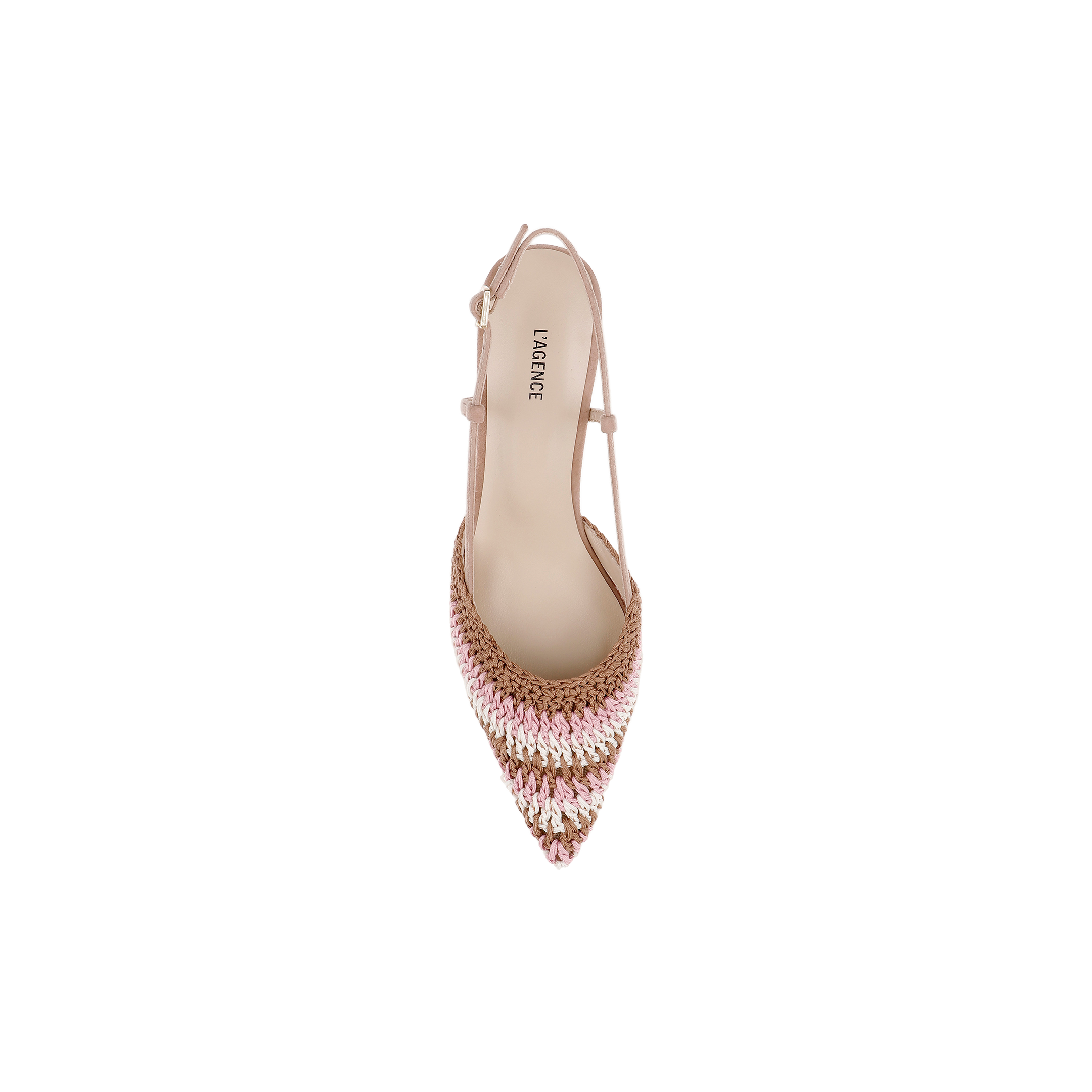 A top view of the Nantes Slingback Pump, a pointed-toe women’s shoe featuring pink, gold, and beige sequins, an ankle strap, and a memory foam insole, set against a white background.