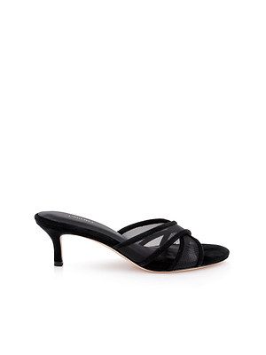 The Padua Mesh Sandal is a black heeled sandal featuring a low kitten heel, leather lining, and multiple thin crisscross straps over the front, shown on a white background.
