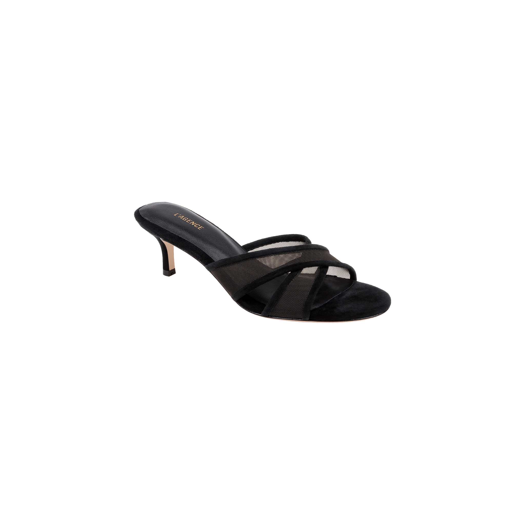 Padua Mesh Sandal in black with an open toe, crisscross mesh straps, and a slim heel. Designed for comfort with a memory foam insole, the sandal features a black footbed with gold text. Shown on a plain white background.