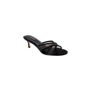 The Padua Mesh Sandal is a black mule open-toe heeled sandal featuring crisscross straps, a thin heel, and a comfortable memory foam insole, displayed on a plain white background.