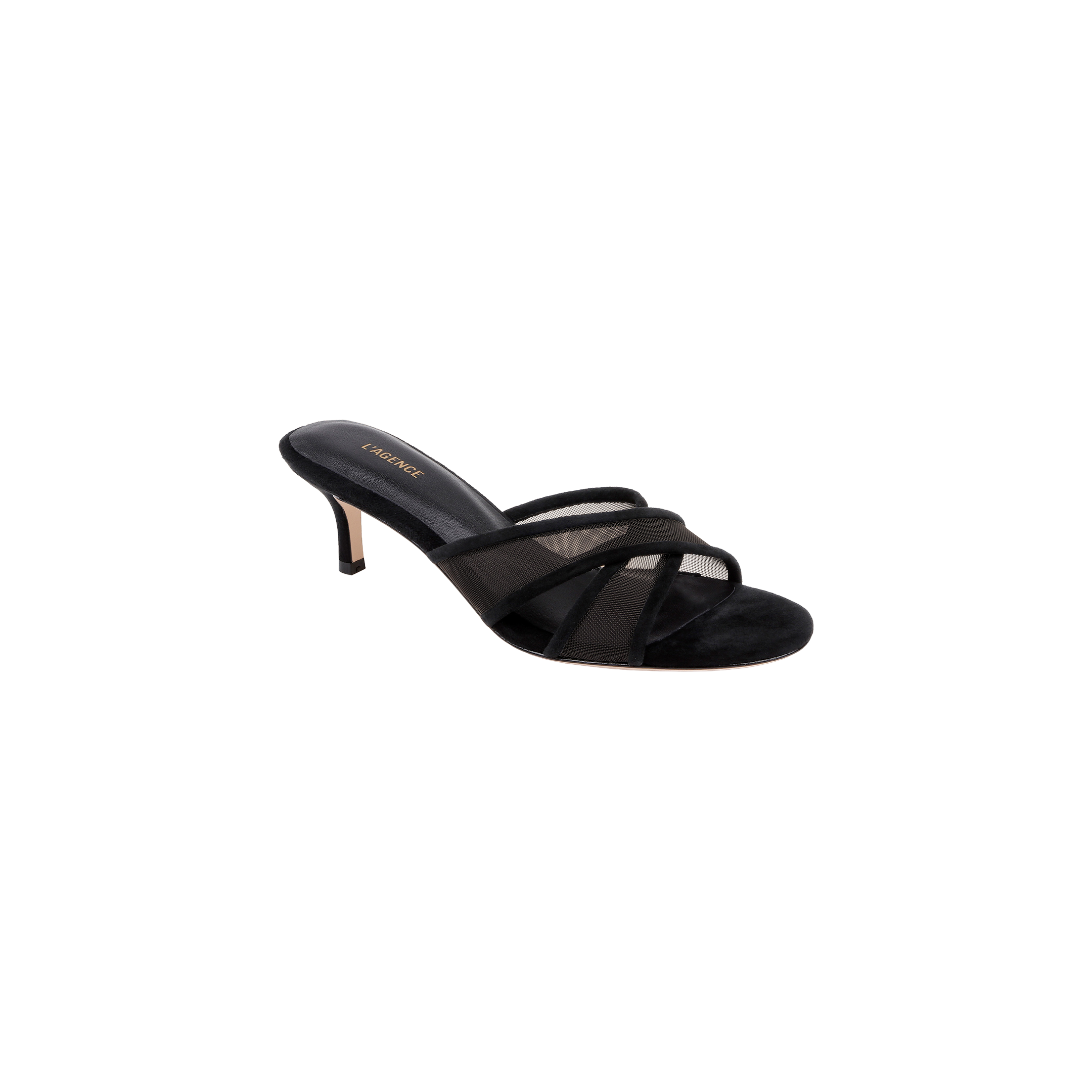 Padua Mesh Sandal in black with an open toe, crisscross mesh straps, and a slim heel. Designed for comfort with a memory foam insole, the sandal features a black footbed with gold text. Shown on a plain white background.