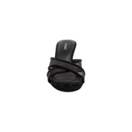The Padua Mesh Sandal is a black open-toe high heel sandal with crisscross straps, shown from the front against a white background. The insole displays gold text branding and features comfortable memory foam cushioning.
