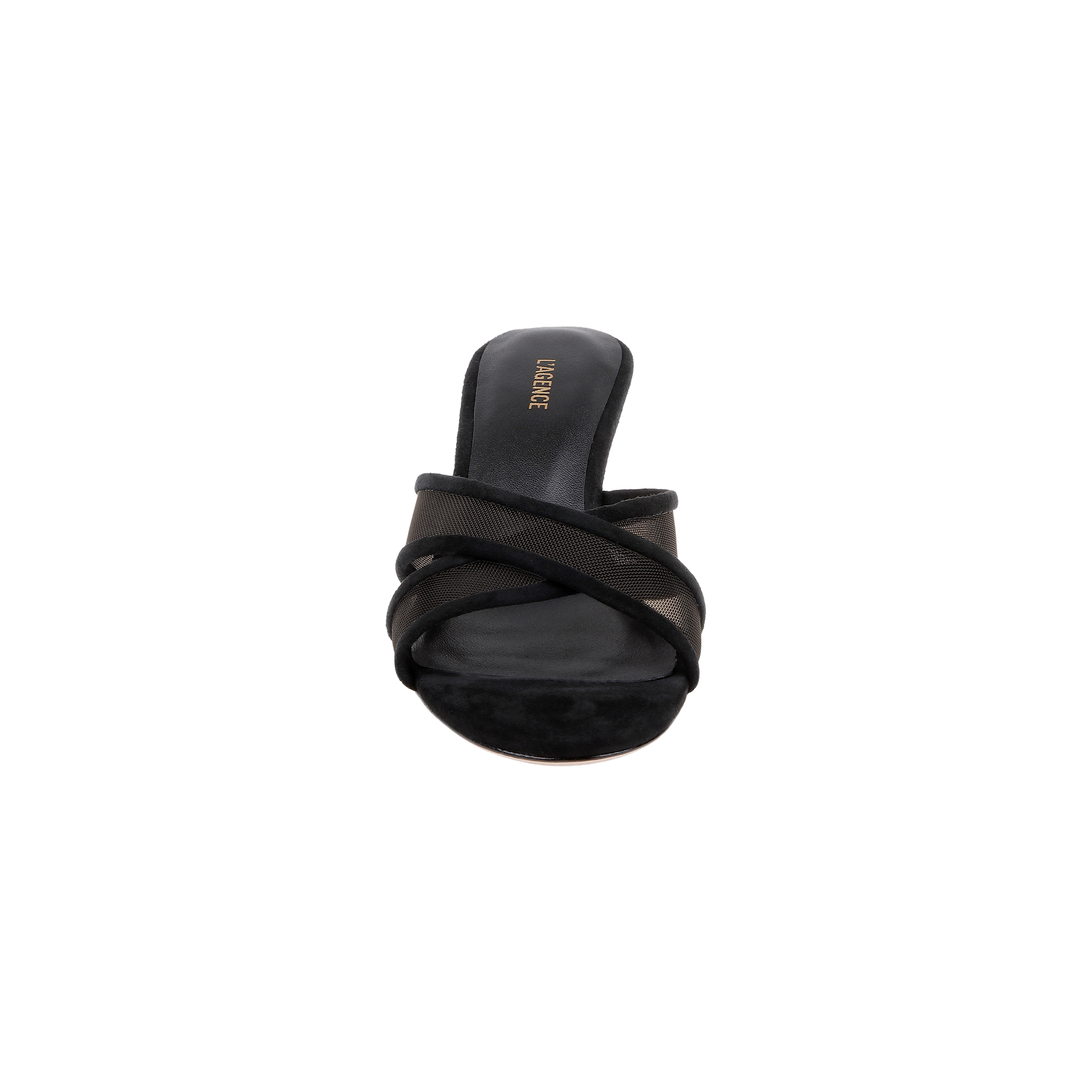 The Padua Mesh Sandal is a black open-toe high heel sandal with crisscross straps, shown from the front against a white background. The insole displays gold text branding and features comfortable memory foam cushioning.