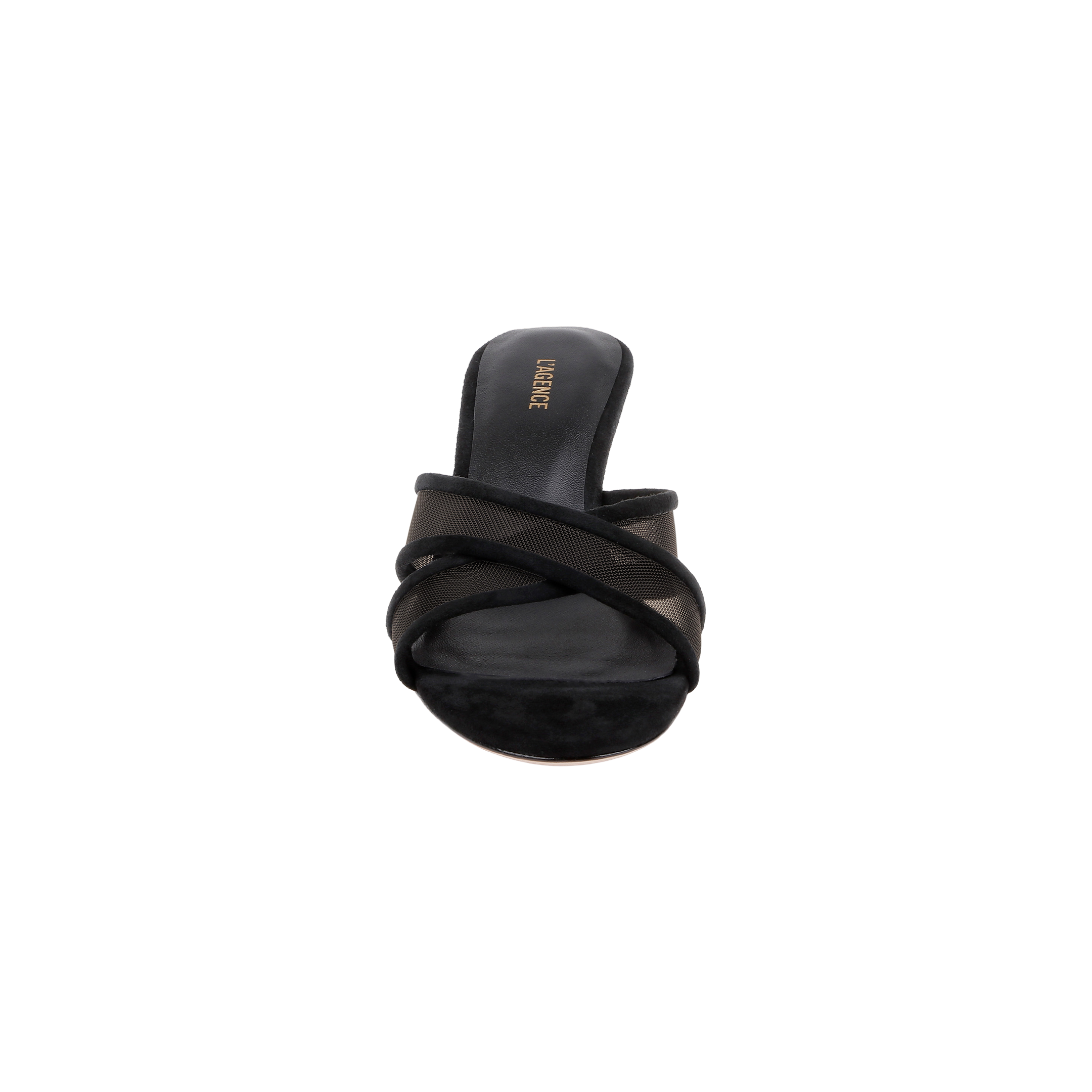The Padua Mesh Sandal is a black open-toe high heel sandal with crisscross straps, shown from the front against a white background. The insole displays gold text branding and features comfortable memory foam cushioning.