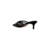 The Padua Mesh Sandal is a black open-toe heeled sandal with a thin heel and crisscross straps, featuring a memory foam insole for added comfort, shown in profile view on a plain white background.