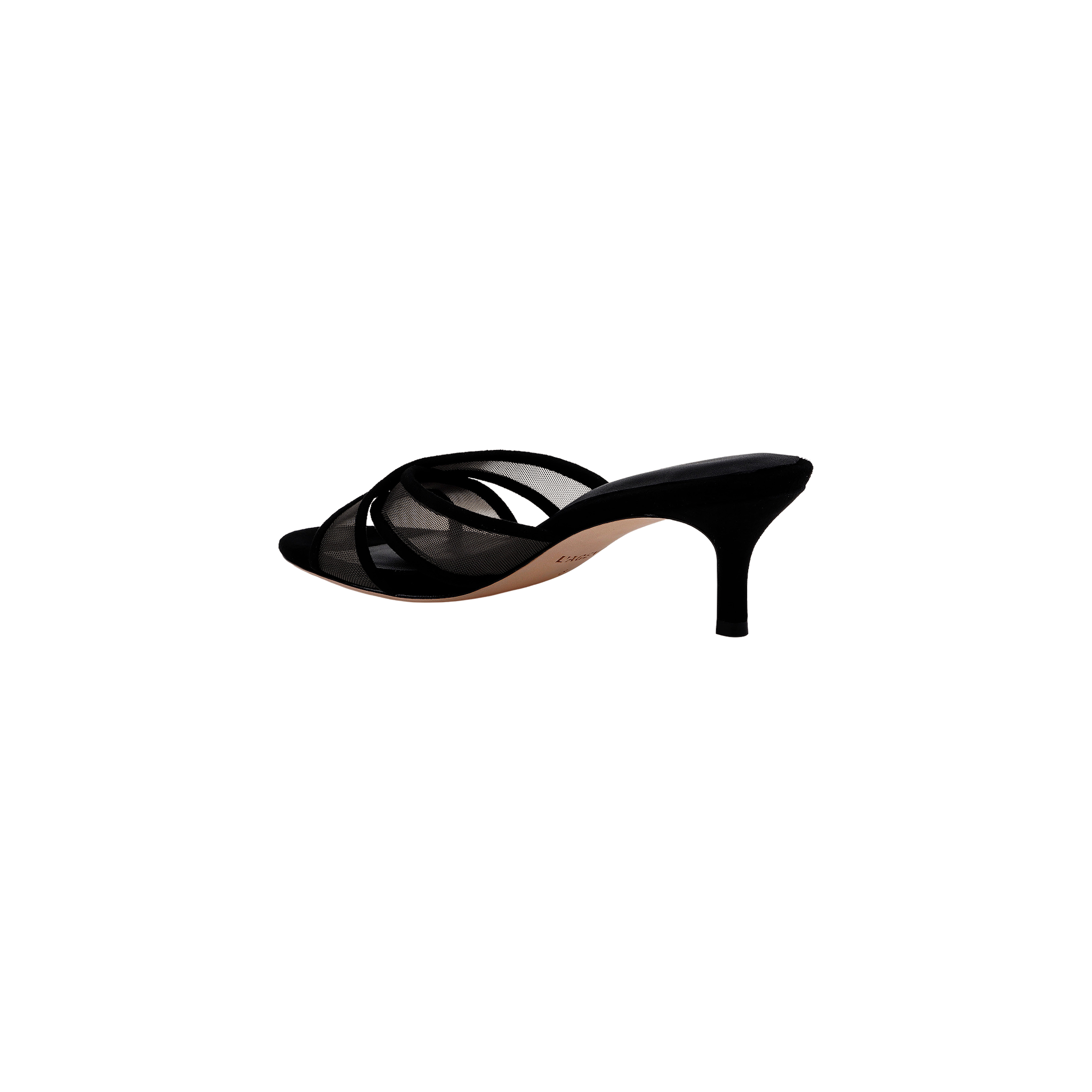 The Padua Mesh Sandal is a black open-toe heeled sandal with a thin heel and crisscross straps, featuring a memory foam insole for added comfort, shown in profile view on a plain white background.