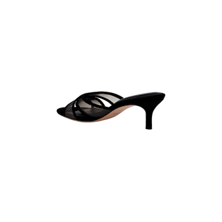 The Padua Mesh Sandal is a black mule high-heeled sandal with an open toe and crisscross straps, featuring a comfortable memory foam insole, shown from the side on a plain white background.