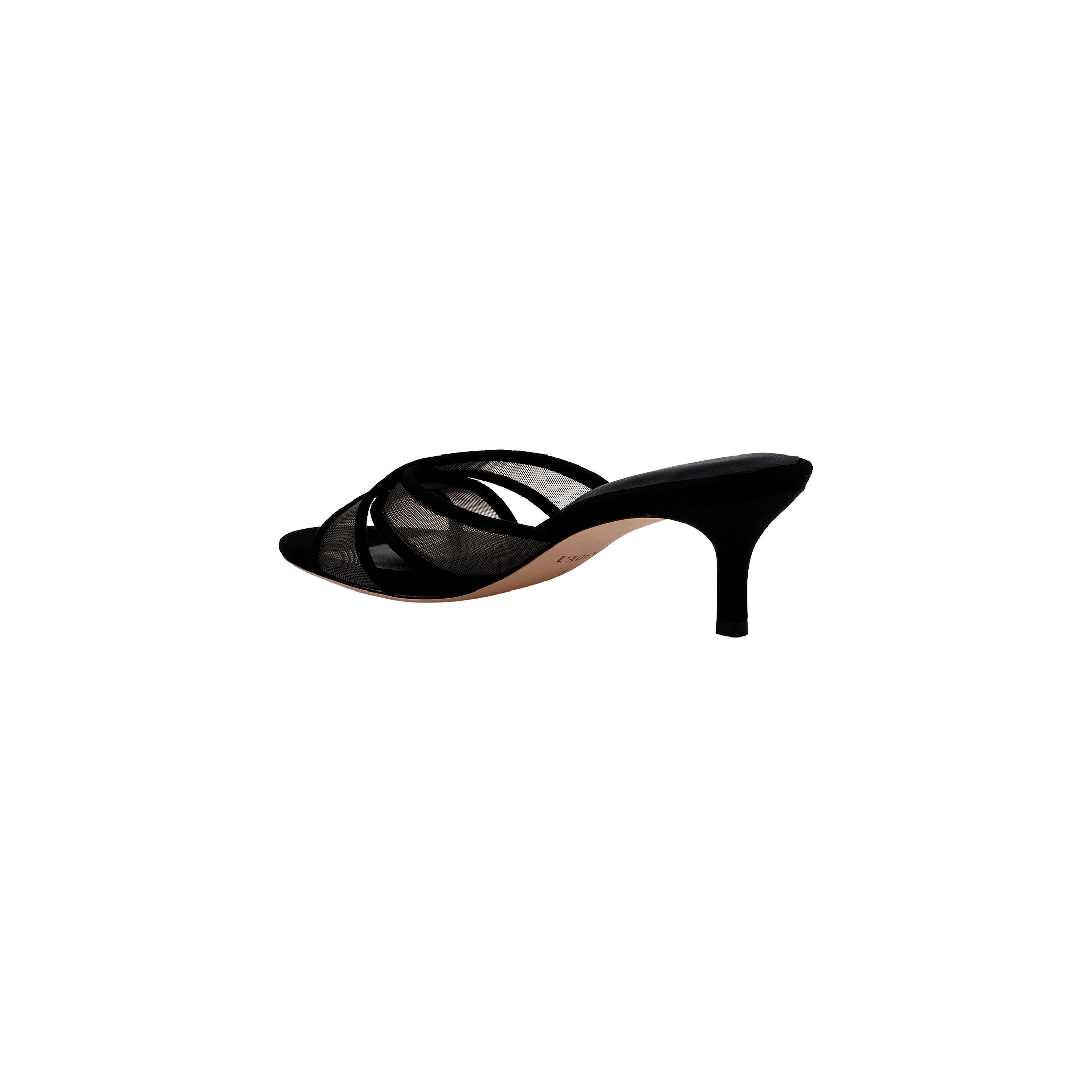 The Padua Mesh Sandal is a black open-toe heeled sandal with a thin heel and crisscross straps, featuring a memory foam insole for added comfort, shown in profile view on a plain white background.