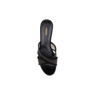 A single Padua Mesh Sandal in black suede with overlapping straps and “L’AGENCE” inscribed on the insole is displayed from a top-down view against a white background.