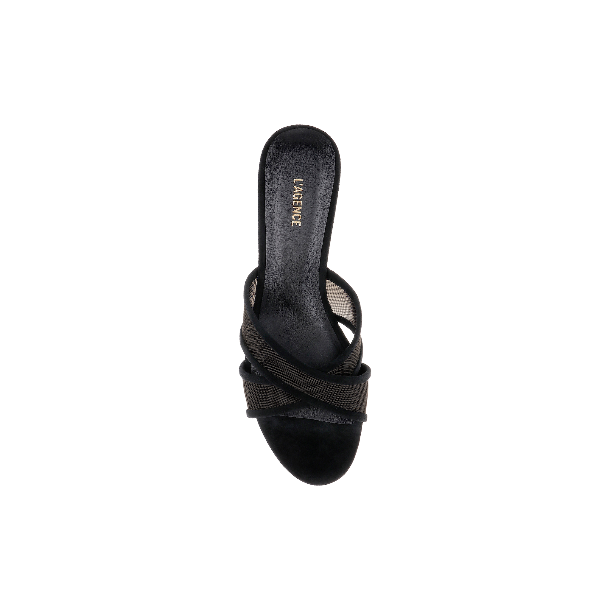 A single Padua Mesh Sandal in black suede with overlapping straps and “L’AGENCE” inscribed on the insole is displayed from a top-down view against a white background.