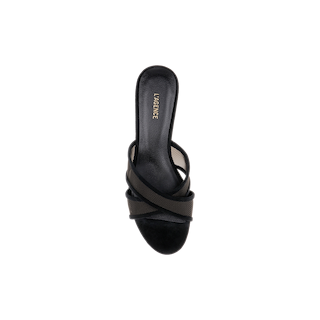 A black Padua Mesh Sandal slip-on with crisscross straps and an open toe, viewed from above on a white background. The memory foam-cushioned insole features the brand name LAGENCE printed in gold letters.