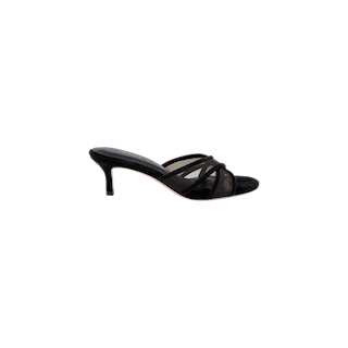 Padua Mesh Sandal in black, featuring an open toe, three crisscrossing mesh straps, and a mid-height stiletto heel with a memory foam insole for enhanced comfort, showcased on a white background.