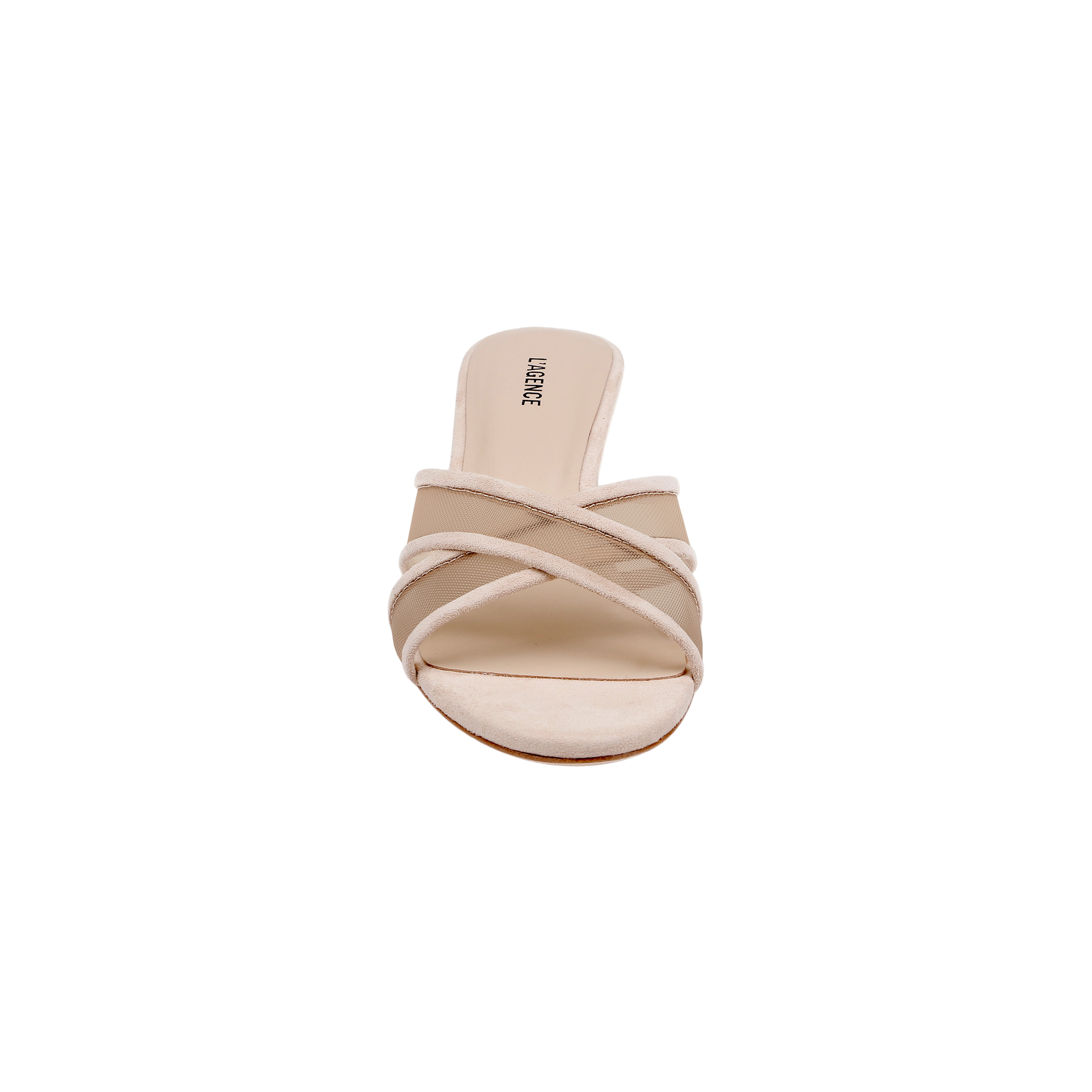 The Padua Mesh Sandal is a beige open-toe sandal with crisscross straps and a flat sole, featuring a comfortable memory foam insole, shown from the front against a plain white background.
