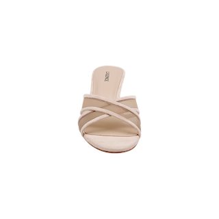 The Padua Mesh Sandal is a single beige heeled sandal with crisscross straps, an open toe, and a low heel. It features a comfortable memory foam insole and is shown from the front against a plain white background.