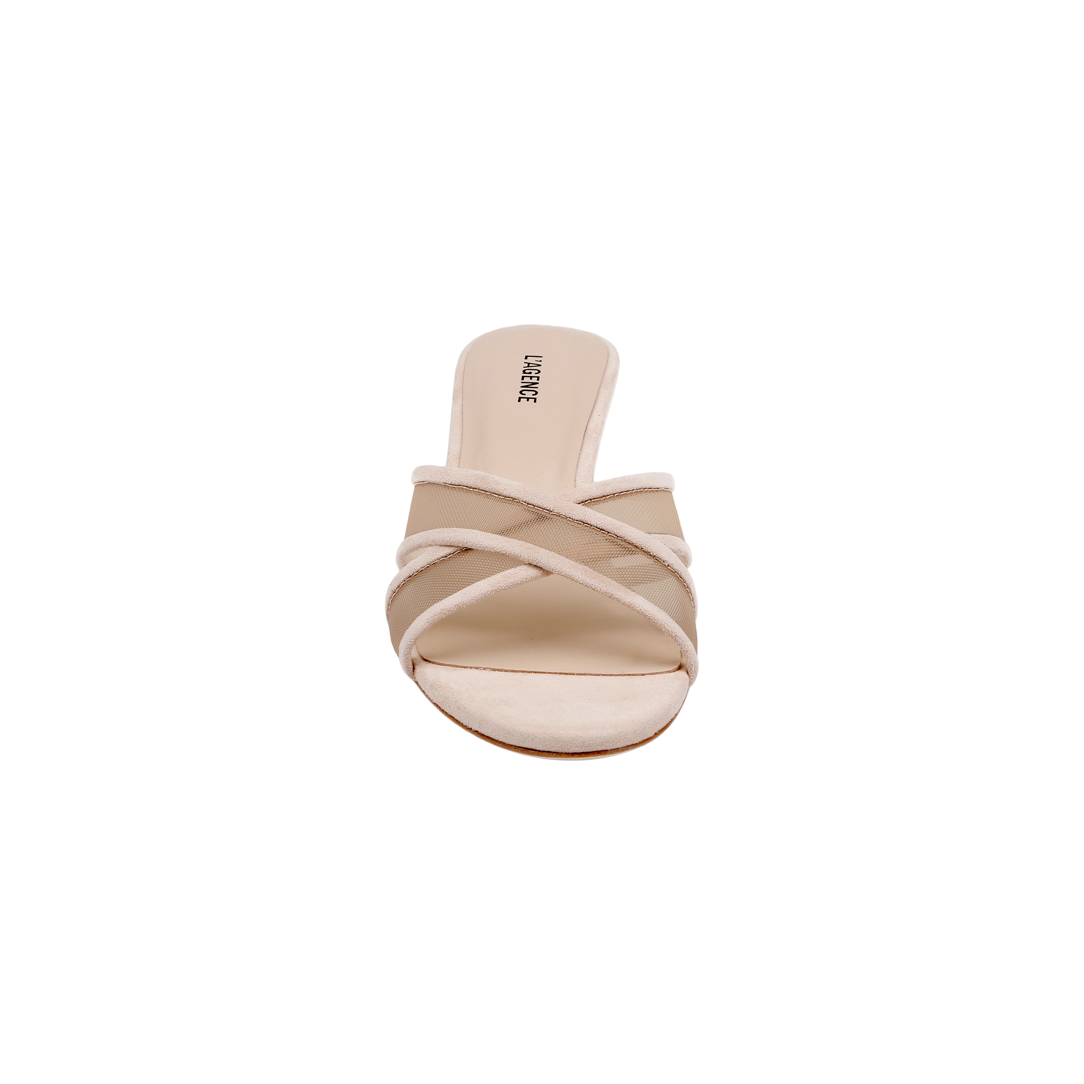 The Padua Mesh Sandal is a beige open-toe sandal with crisscross straps and a flat sole, featuring a comfortable memory foam insole, shown from the front against a plain white background.