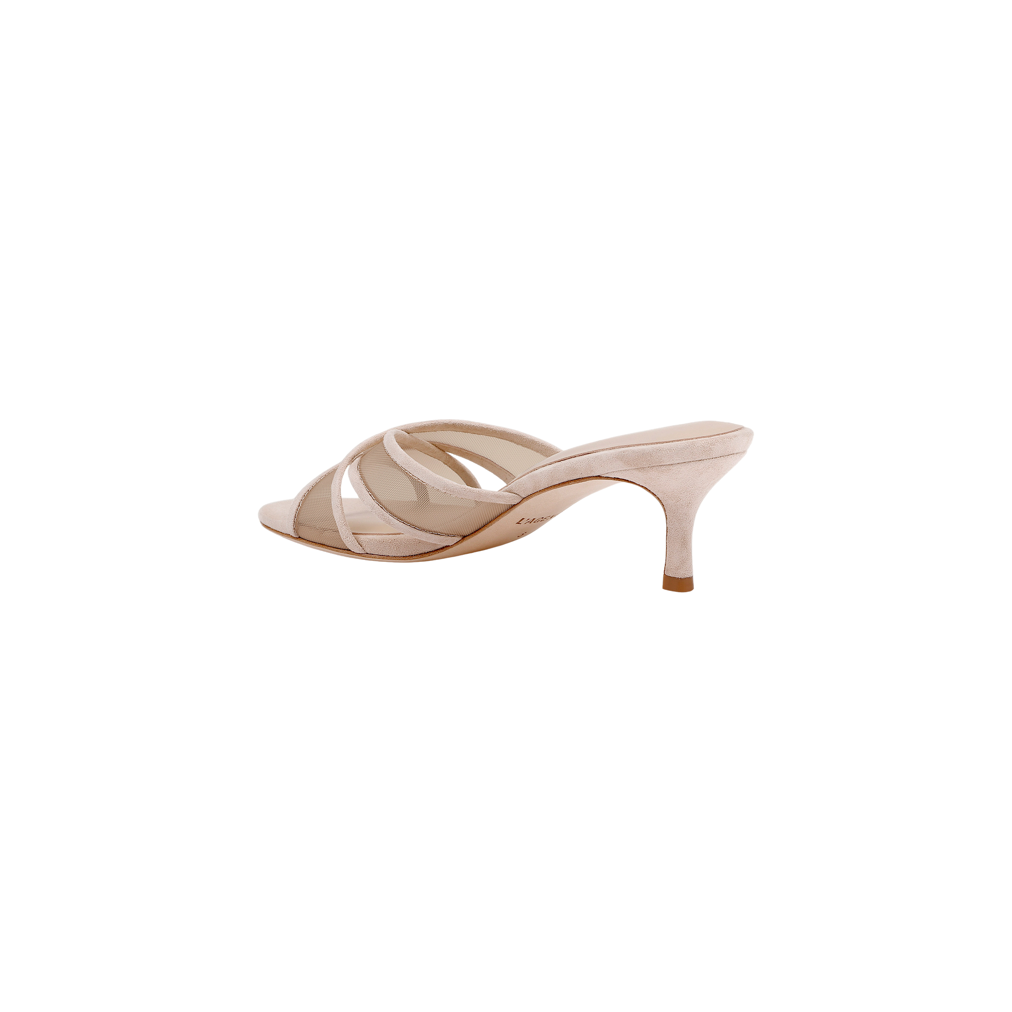 Padua Mesh Sandal: A beige high-heeled suede sandal with an open toe, thin crisscross straps, and a stiletto heel, featuring a comfortable memory foam insole, displayed on a white background.
