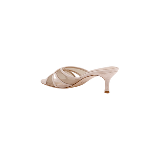 The Padua Mesh Sandal is a beige high-heeled sandal with open toes and crisscross straps, featuring a comfortable memory foam insole, shown from the back against a plain white background.
