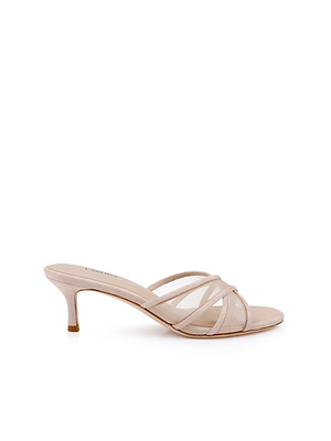 The Padua Mesh Sandal is a beige open-toe heeled sandal with thin crisscross straps, a low kitten heel, and soft leather lining for comfort, shown on a white background.