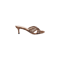 The Padua Mesh Sandal features a brown and beige leopard print design, open toe, crisscross straps, a slim mid-height heel, and a comfortable memory foam insole, shown on a white background.