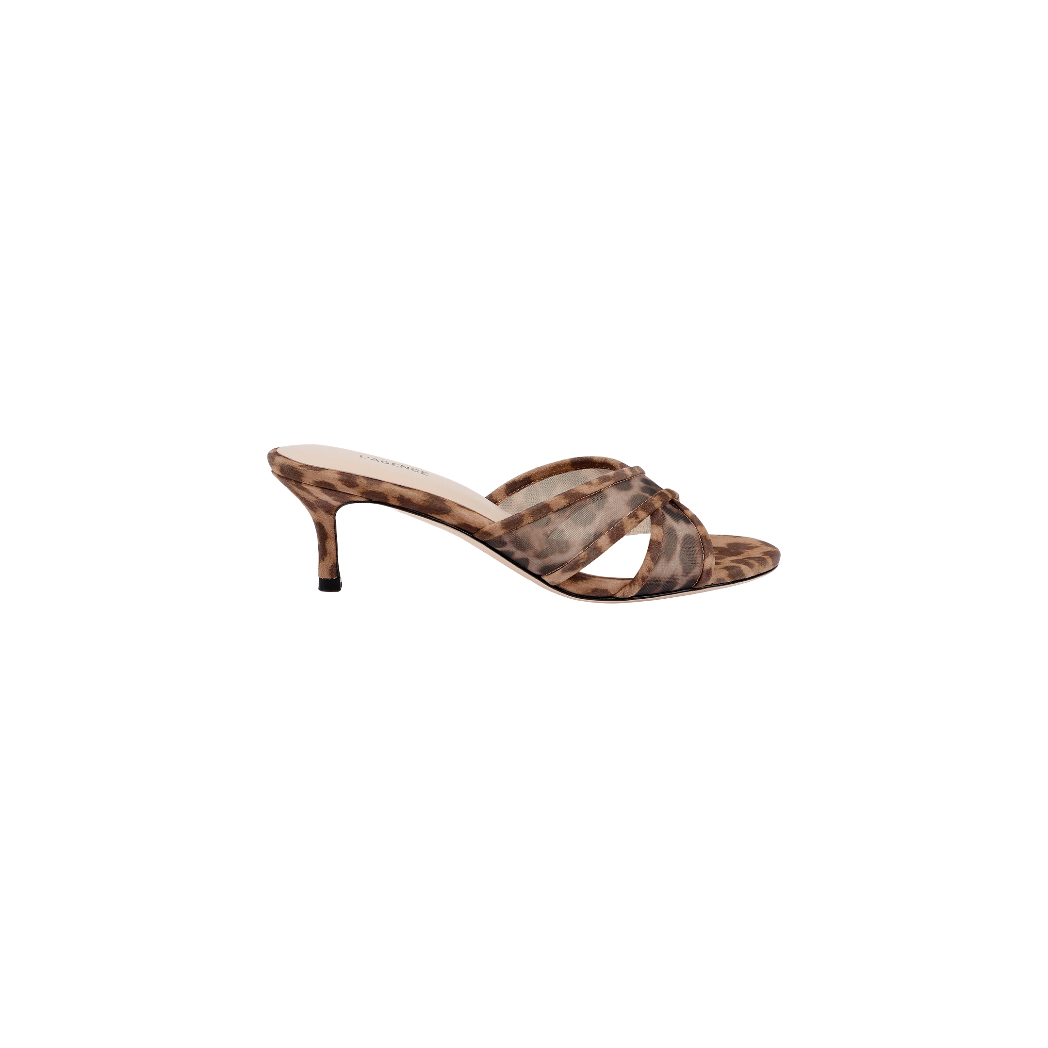The Padua Mesh Sandal features a brown and beige leopard print design, open toe, crisscross straps, a slim mid-height heel, and a comfortable memory foam insole, shown on a white background.