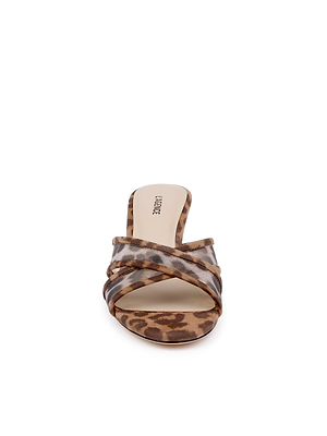 The Padua Mesh Sandal is a single open-toe mule in leopard print with brown and beige tones, two crisscross straps, a low heel, and a memory foam insole, shown from the front against a white background.