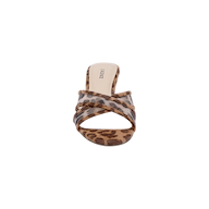 A front view of the Padua Mesh Sandal, a women’s leopard print mule with crisscross straps and a flat sole, featuring a memory foam insole, displayed on a white background.
