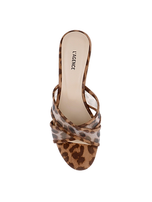 The Padua Mesh Sandal features crisscross leopard print straps and a beige insole labeled LAGENCE, seen from above on a white background—an elegant choice for stylish comfort.