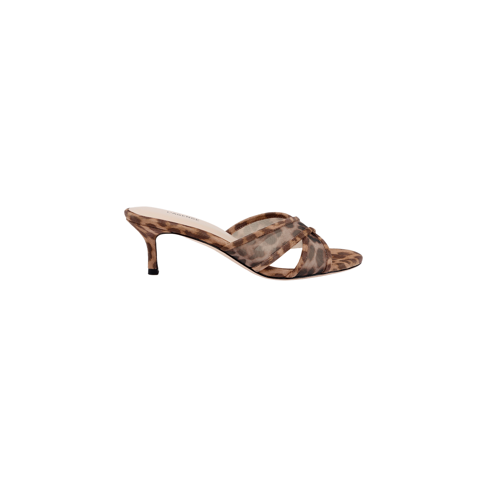 The Padua Mesh Sandal is a single open-toe sandal with a mid-height heel, showcasing crisscrossed straps in a brown and beige leopard print pattern and a comfortable memory foam insole, displayed on a white background.