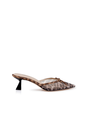 The Palermo Mesh Mule is a pointed-toe, slip-on shoe with a low sculpted heel, brown and black leopard print, and a small bow detail on the upper.