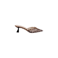 Introducing the Palermo Mesh Mule: a leopard-print mule shoe featuring a pointed toe, low open back, and a mid-height sculpted heel, displayed in side profile against a plain white background.