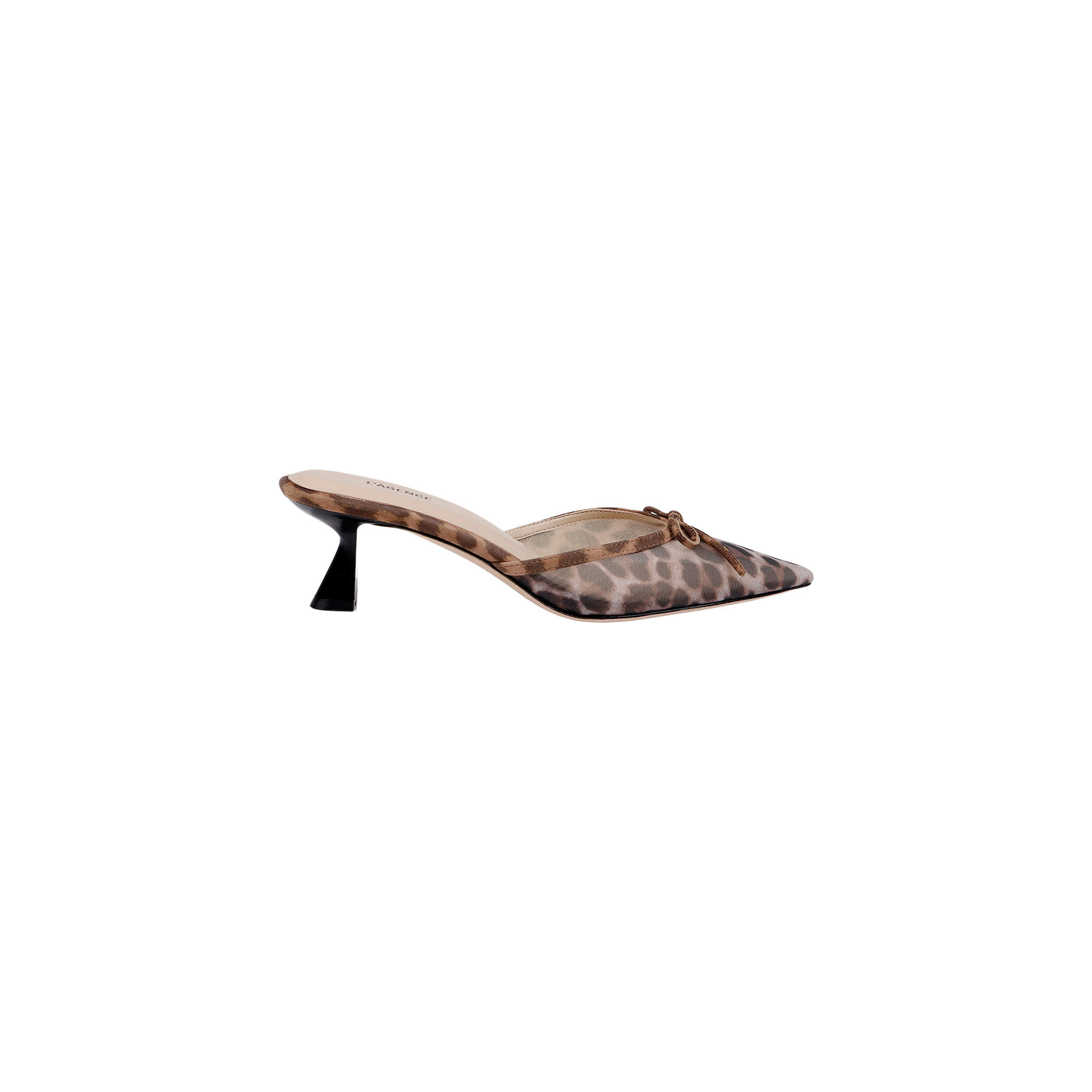 Introducing the Palermo Mesh Mule: a leopard-print mule shoe featuring a pointed toe, low open back, and a mid-height sculpted heel, displayed in side profile against a plain white background.
