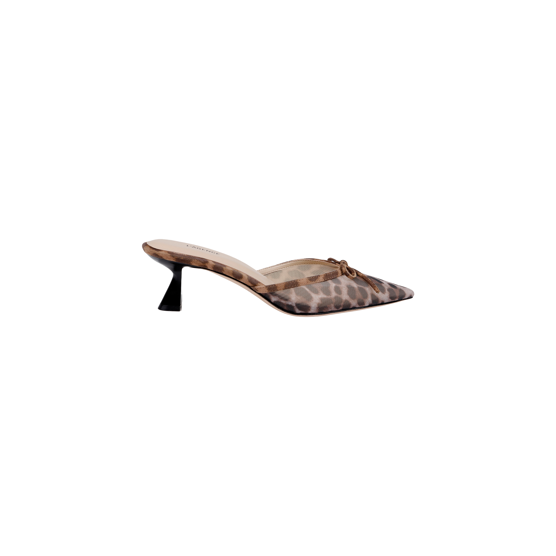 Introducing the Palermo Mesh Mule: a leopard-print mule shoe featuring a pointed toe, low open back, and a mid-height sculpted heel, displayed in side profile against a plain white background.
