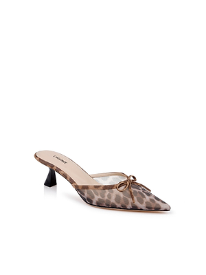 The Palermo Mesh Mule is a women’s pointed-toe mule with a sculpted black heel, featuring a leopard print mesh upper and a small bow on top.