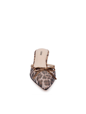 The Palermo Mesh Mule is a women’s pointed-toe mule featuring leopard print mesh, brown trim, a small brown front bow, and a sculpted heel, shown against a white background.