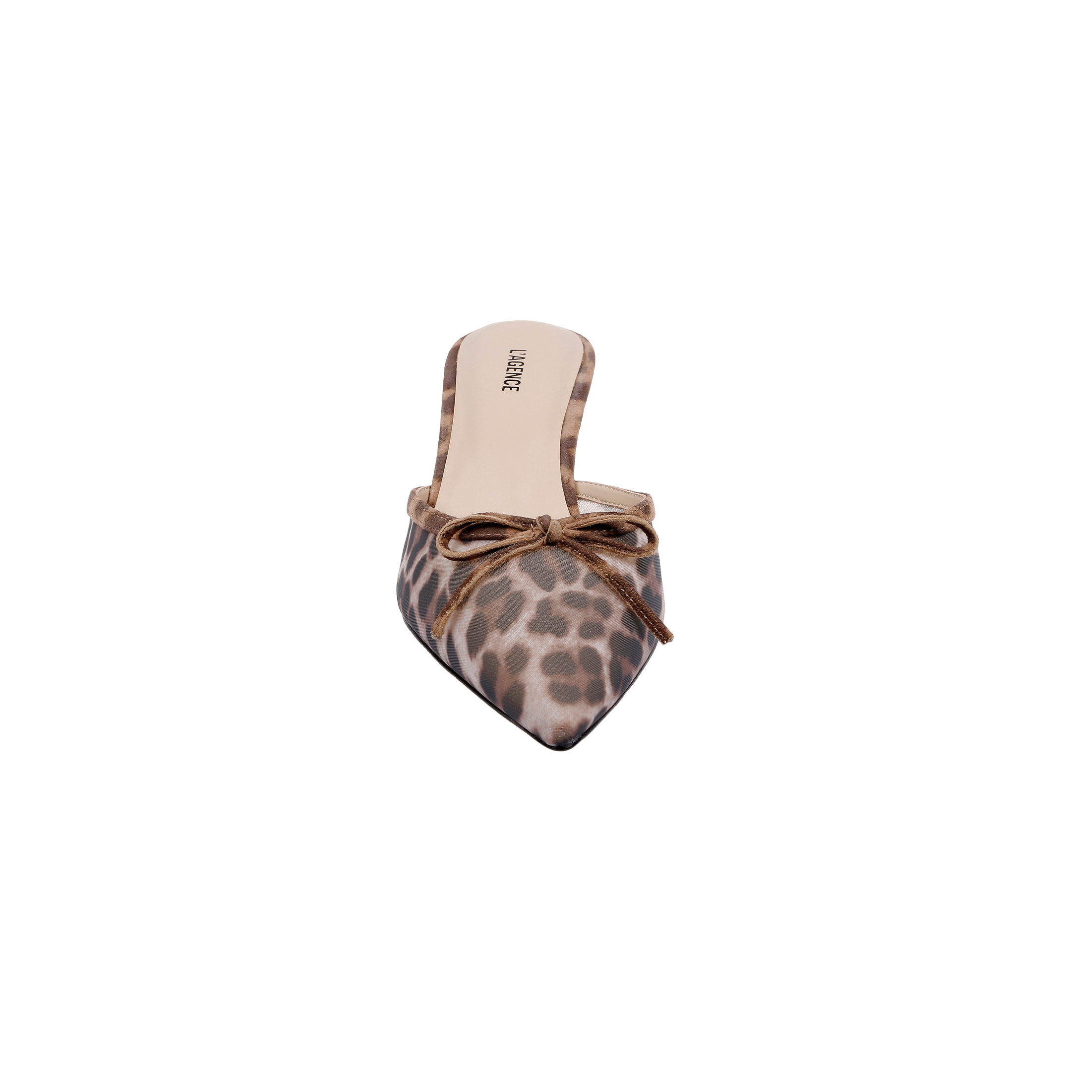 The Palermo Mesh Mule features a pointed toe and leopard print mesh upper, complemented by a tan insole and a small brown bow on the front, shown from above on a white background.