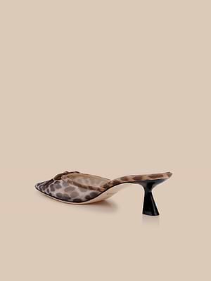 beki leopard mesh sculptural heel dress sandals Leopard-print mesh. Sculpted stiletto heel. The Bareitall Slide 85's got it made in the shade