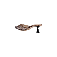 The Palermo Mesh Mule features a brown and beige leopard print with a pointed toe, open back, mesh upper, and a high sculpted heel, shown against a plain white background.