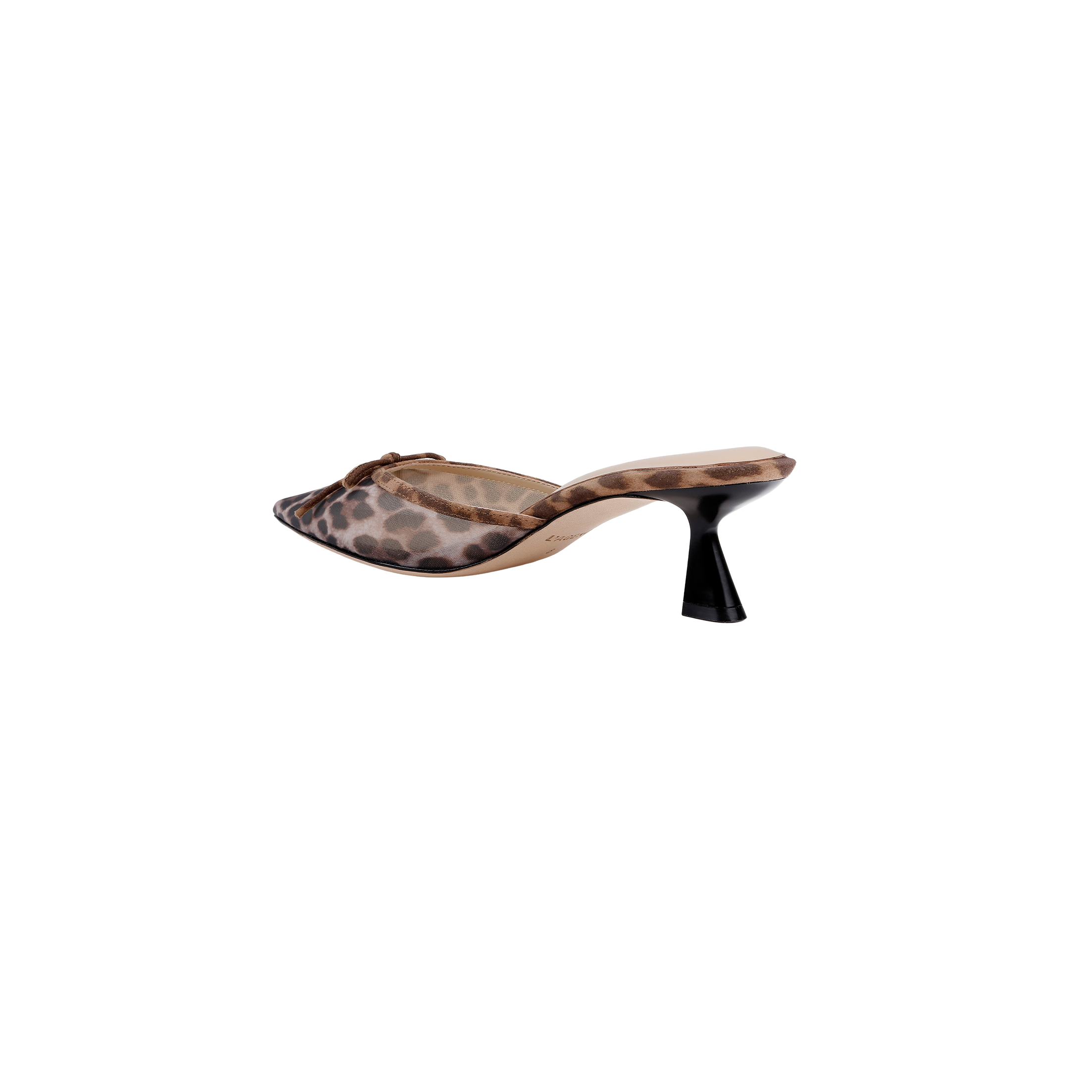The Palermo Mesh Mule features a brown and beige leopard print with a pointed toe, open back, mesh upper, and a high sculpted heel, shown against a plain white background.