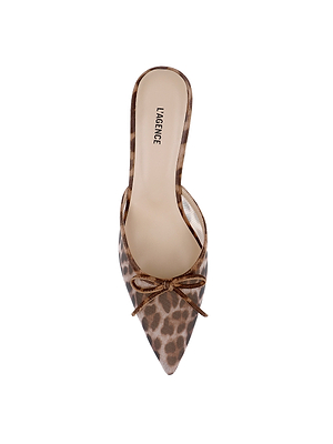 The Palermo Mesh Mule is a pointed-toe, slip-on shoe with leopard print mesh, a front bow, sculpted heel, and LAGENCE branding on the insole, shown against a white background.