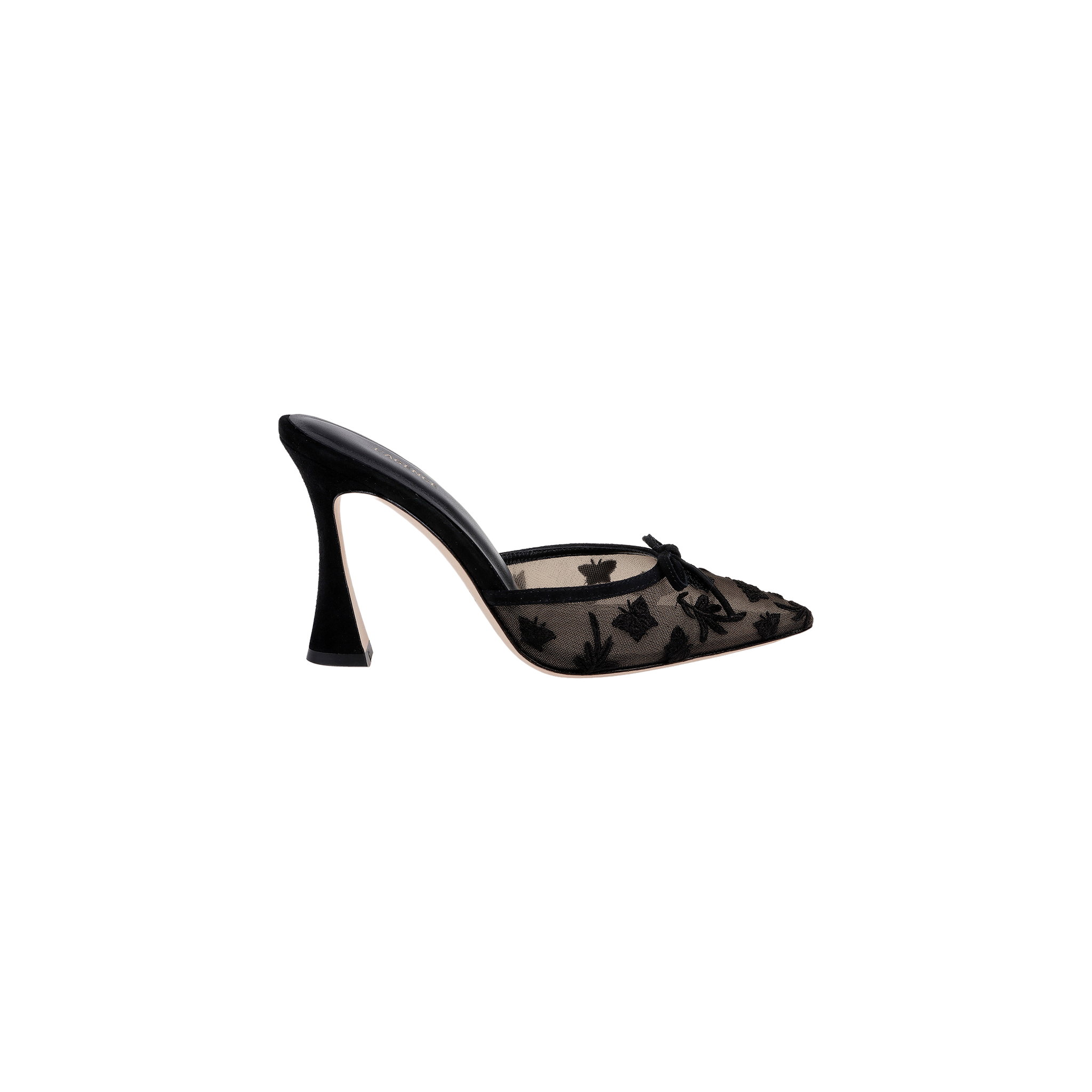 Prasad Mesh Mule featuring black mesh with a high sculpted heel, pointed toe, delicate bow detail, and butterfly embroidery. Shown in a side view on a white background.
