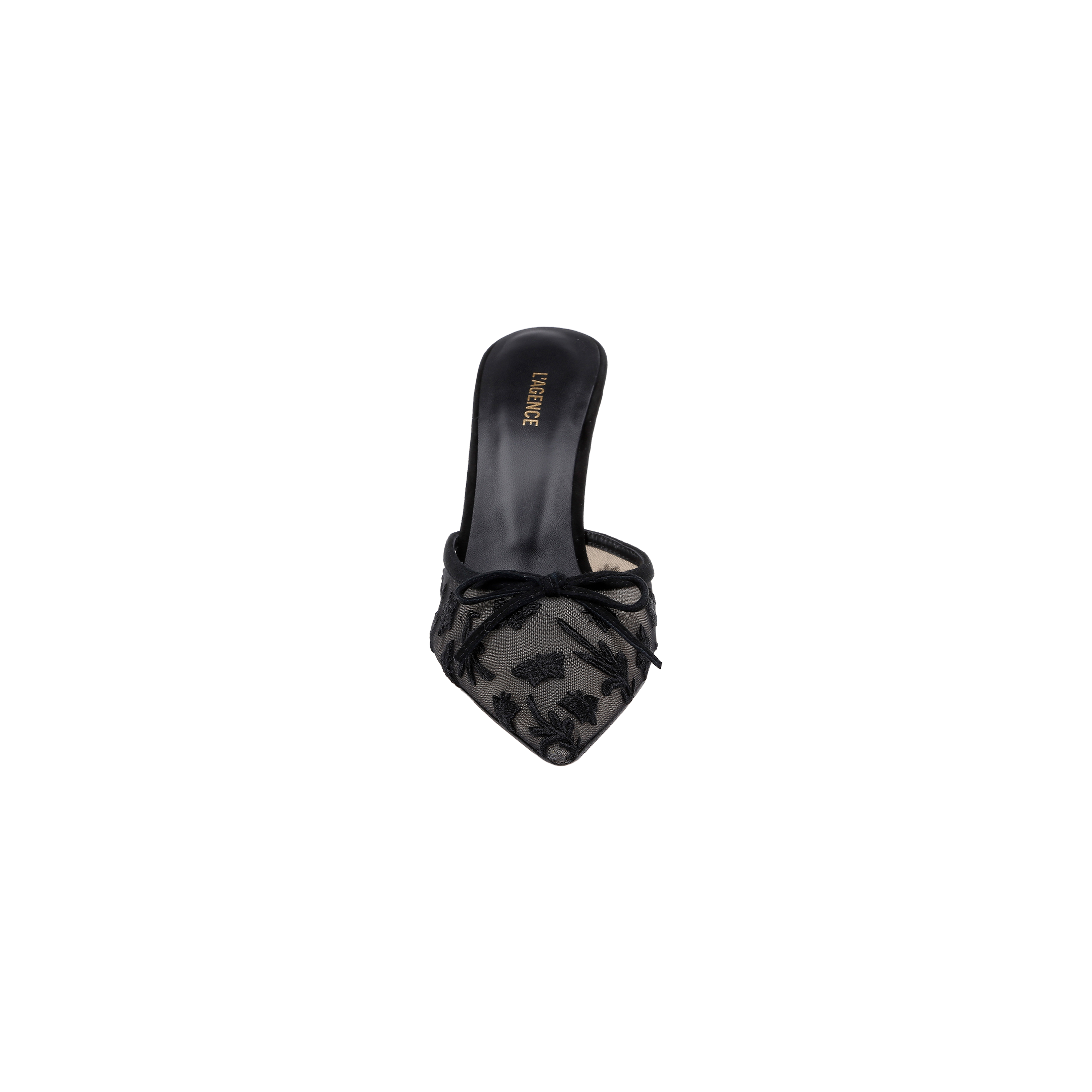 The Prasad Mesh Mule, featuring a pointed toe, sculpted heel, and delicate butterfly embroidery on black mesh, is viewed from above against a plain white background.