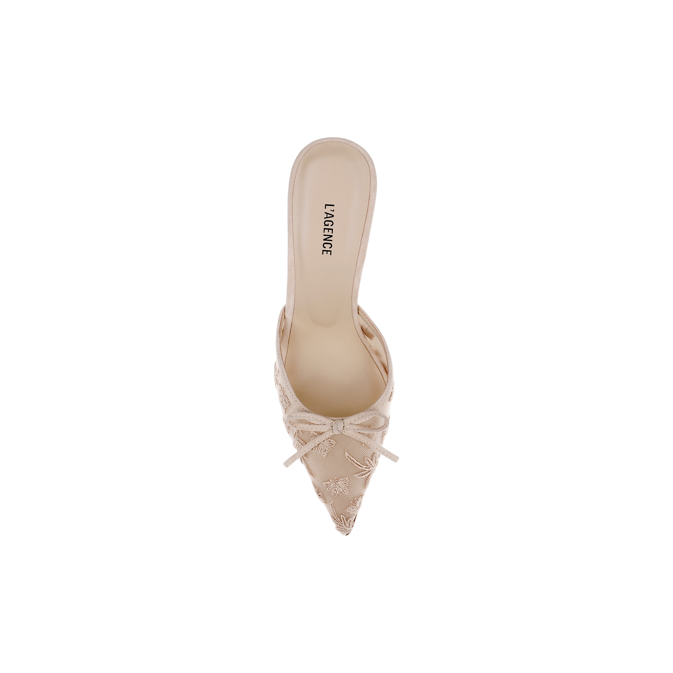 The Prasad Mesh Mule is a beige, pointed-toe mule adorned with a decorative bow on the front, featuring butterfly embroidery and delicate embroidered details. The insole is labeled LAGENCE, and the shoe is displayed from a top-down view against a white background.