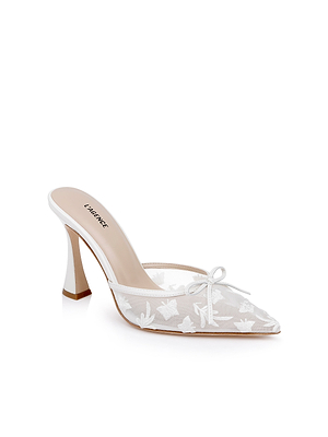 The Prasad Mesh Mule features a white pointed toe, sheer mesh upper with floral embroidery and a bow, plus a curved stiletto heel. LABUCHE insoles add elegance—ideal for fans of chic mesh upper shoes.