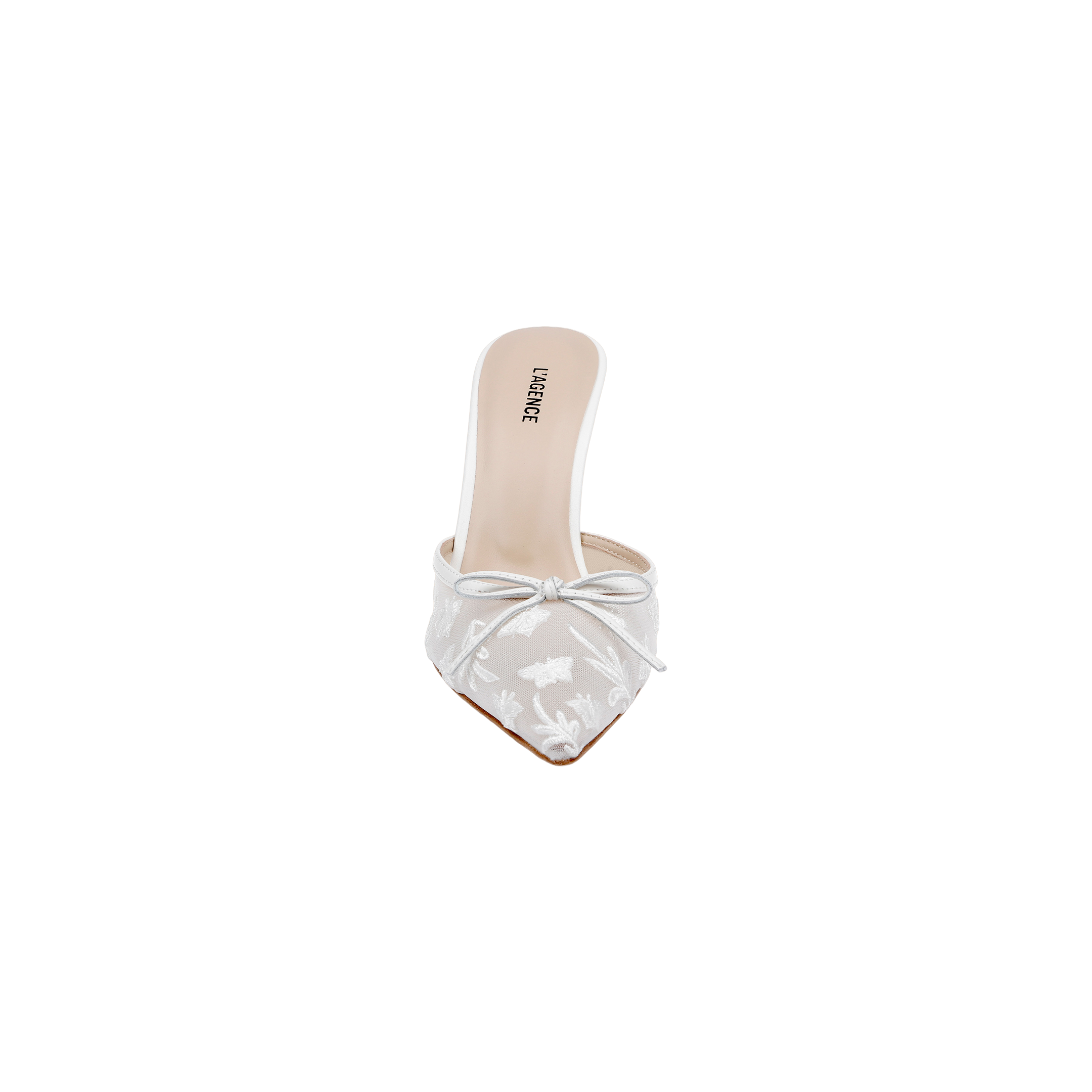 The Prasad Mesh Mule is a single white, pointed-toe mule crafted from embroidered mesh. It showcases delicate floral embroidery, a small bow accent on top, and an open-back design. The beige insole features the LUSINNE branding, and the shoe is presented against a plain white background.