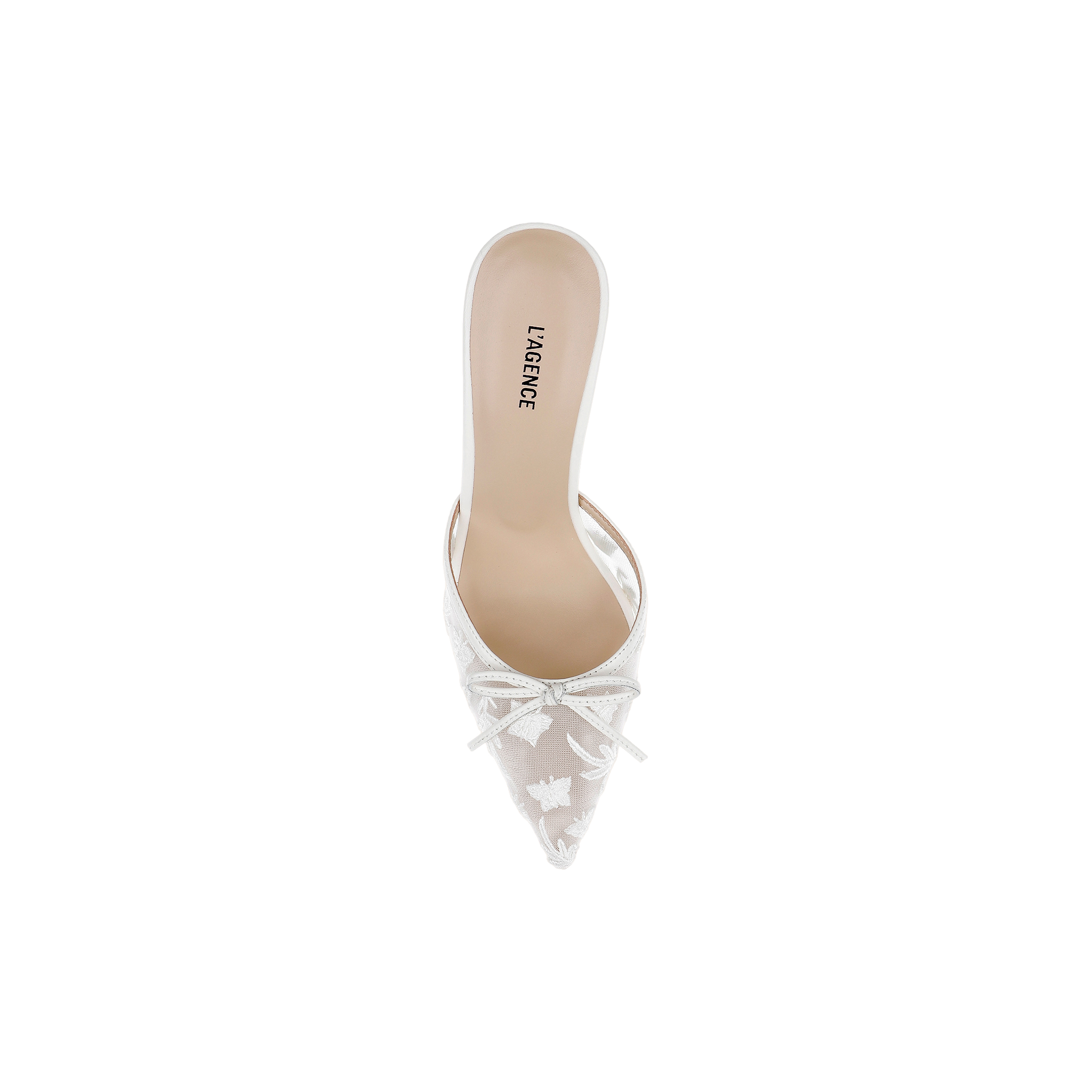 The Prasad Mesh Mule is a white embroidered mesh mule with a pointed toe, featuring delicate floral embroidery, a small bow on the front, and a beige insole displaying the LAGENCE brand name.
