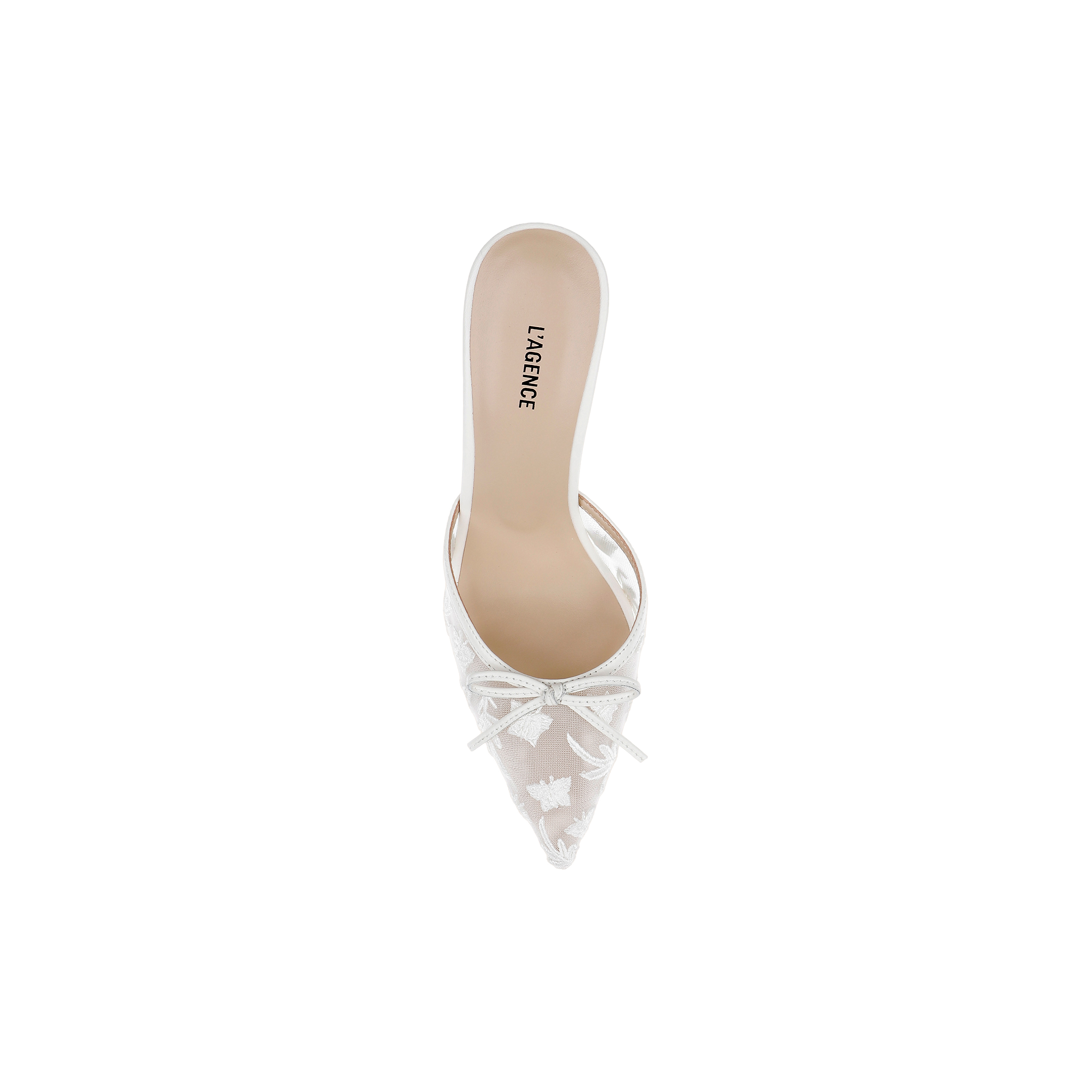 The Prasad Mesh Mule is a white embroidered mesh mule with a pointed toe, featuring delicate floral embroidery, a small bow on the front, and a beige insole displaying the LAGENCE brand name.