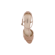 Top view of a single Radha Suede Sandal in cappuccino suede with brogue detailing, T-strap, and ankle buckle, featuring the brand name LA GENEE printed on the insole, displayed on a plain white background.