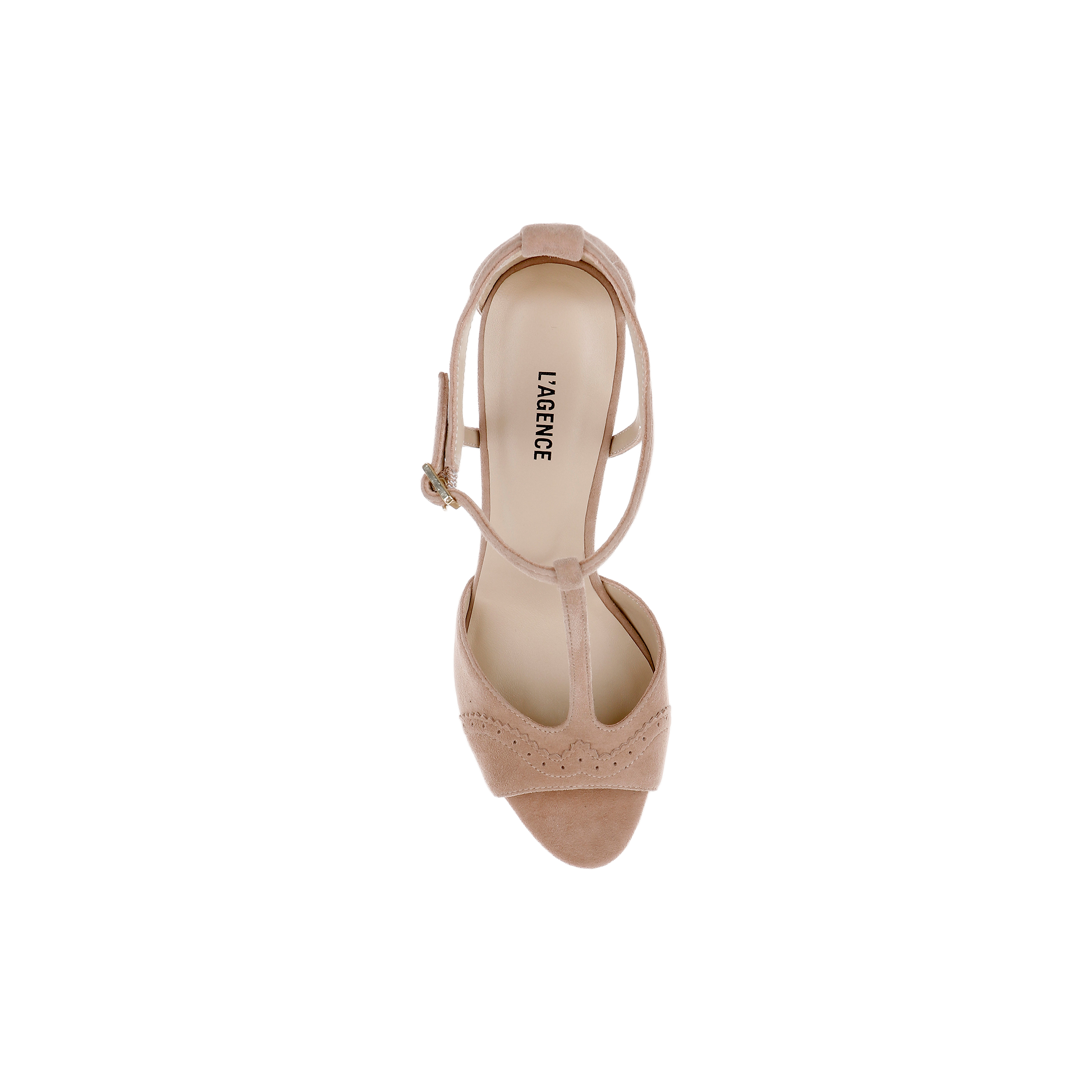 Top view of a single Radha Suede Sandal in cappuccino suede with brogue detailing, T-strap, and ankle buckle, featuring the brand name LA GENEE printed on the insole, displayed on a plain white background.