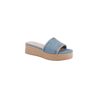 The Ramani Platform Espadrille features a light blue denim upper and a woven jute sole, showcased on a white background—ideal for elevating your warm-weather style.