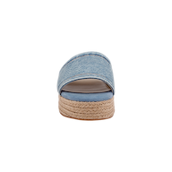 Front view of the Ramani Platform Espadrille, featuring a blue denim upper and a thick jute-wrapped platform sole, set against a plain white background.